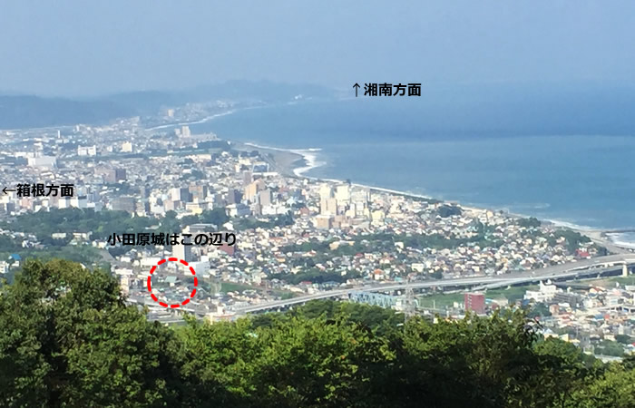 本丸跡の展望台から小田原城を見下ろす