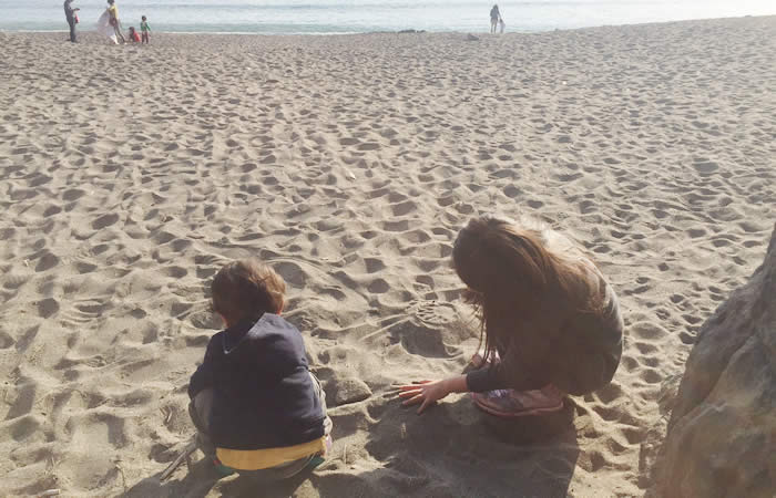 砂浜で遊ぶ子供たちの姿